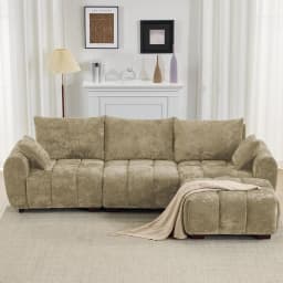 #112" Mid Century Modern L Shaped Couch, 3 Seater Modular Sectional Sofa with Movable Ottoman, Deep Seat and Solid Wood, Custom
