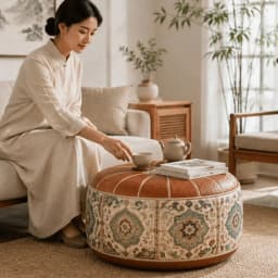 New PU Leather Ottoman Pouf Foldable Boho Pattern Storage Ottoman Fillable Round Shape Round Pouf Cover Multipurpose Storage