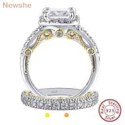 Newshe Original 925 Sterling Silver Rose Yellow K Gold Plated Wedding Rings Set for Women Princess Cut AAAAA CZ Engagement Ring