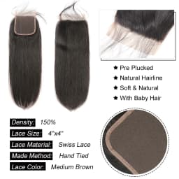 Straight 4x4 Lace Closure Human Hair Pre-Plucked With Baby Hair Peruvian Straight Human Hair Lace Closure Natural Black AliPearl