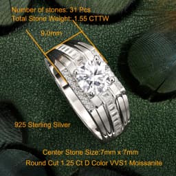 Newshe Genuine 925 Sterling Silver Wedding Rings for Men Moissanite 1.25Ct Round White Simulated Diamond Luxury Fine Jewelry