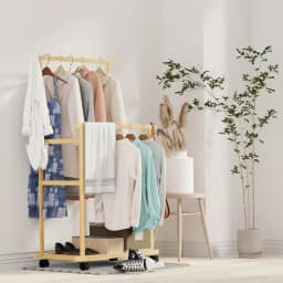Bamboo Garment Coat Clothes Hanging Heavy Duty Rack with Shoe Clothing Storage Organizer Shelves