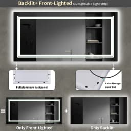 63" x 32" Extra Large LED Light Backlit Bathroom Mirror Dual Lights Makeup Anti-Fog Memory 3 Colors Dimmable With Touch Button