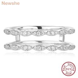 Newshe Solid 925 Sterling Silver Hollow Wedding Rings For Women Round White AAAAA CZ Wrap Guard Ring Enhancer