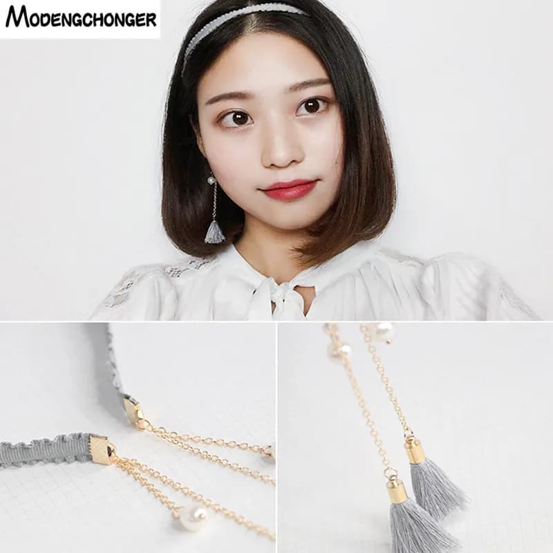 Fashion Hair Hoop Fake Earrings Headband Korea Simple Fringed Fake Earrings Card Pearl Earrings Wild Hair Bezel Hair Accessories