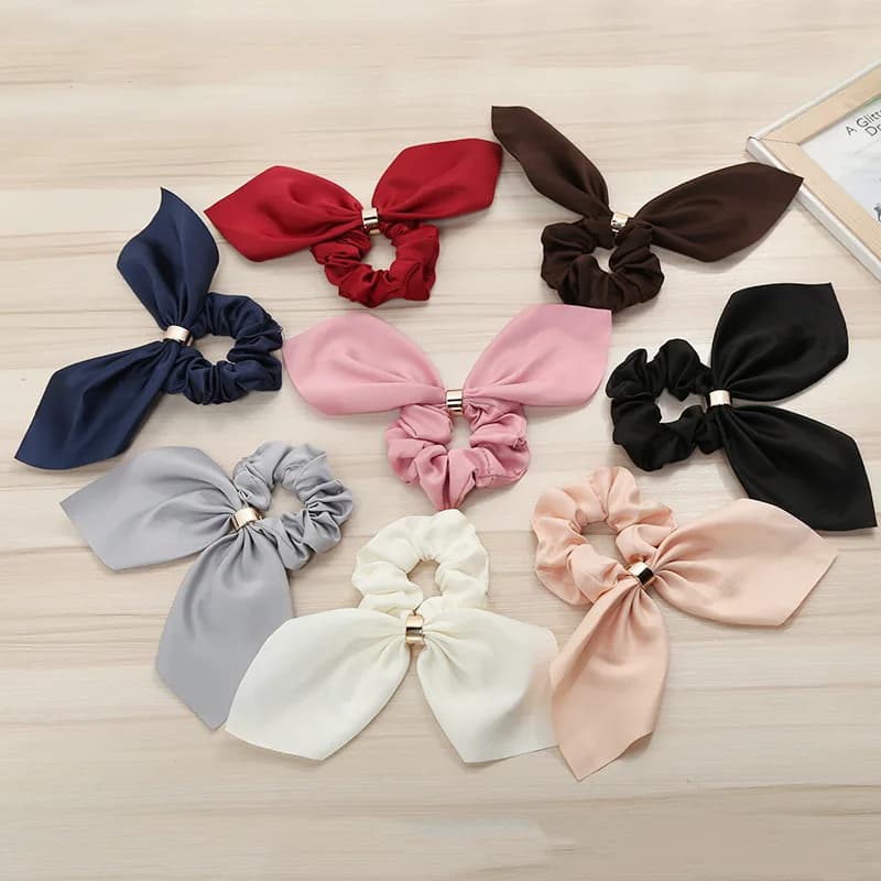Bow Elastic Hair Bands Women Rabbit Ears Ponytail Sweet Cute Solid Color Metal Button Headwear Fixed Hair Accessories