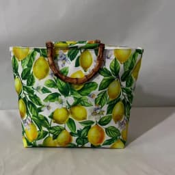 Ethnic Style Women's Large-Capacity Tote Bag, Fresh Lemon Floral Blue Pattern Handbag, High-Quality Imitation Bamboo Handle