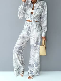 Fashion Vintage Pattern Printed Outfits Lapel Collar Shirt Long Pant Suit Spring Summer Causal Long Sleeve Loose Pant Sets
