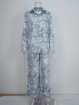 Fashion Vintage Pattern Printed Outfits Lapel Collar Shirt Long Pant Suit Spring Summer Causal Long Sleeve Loose Pant Sets