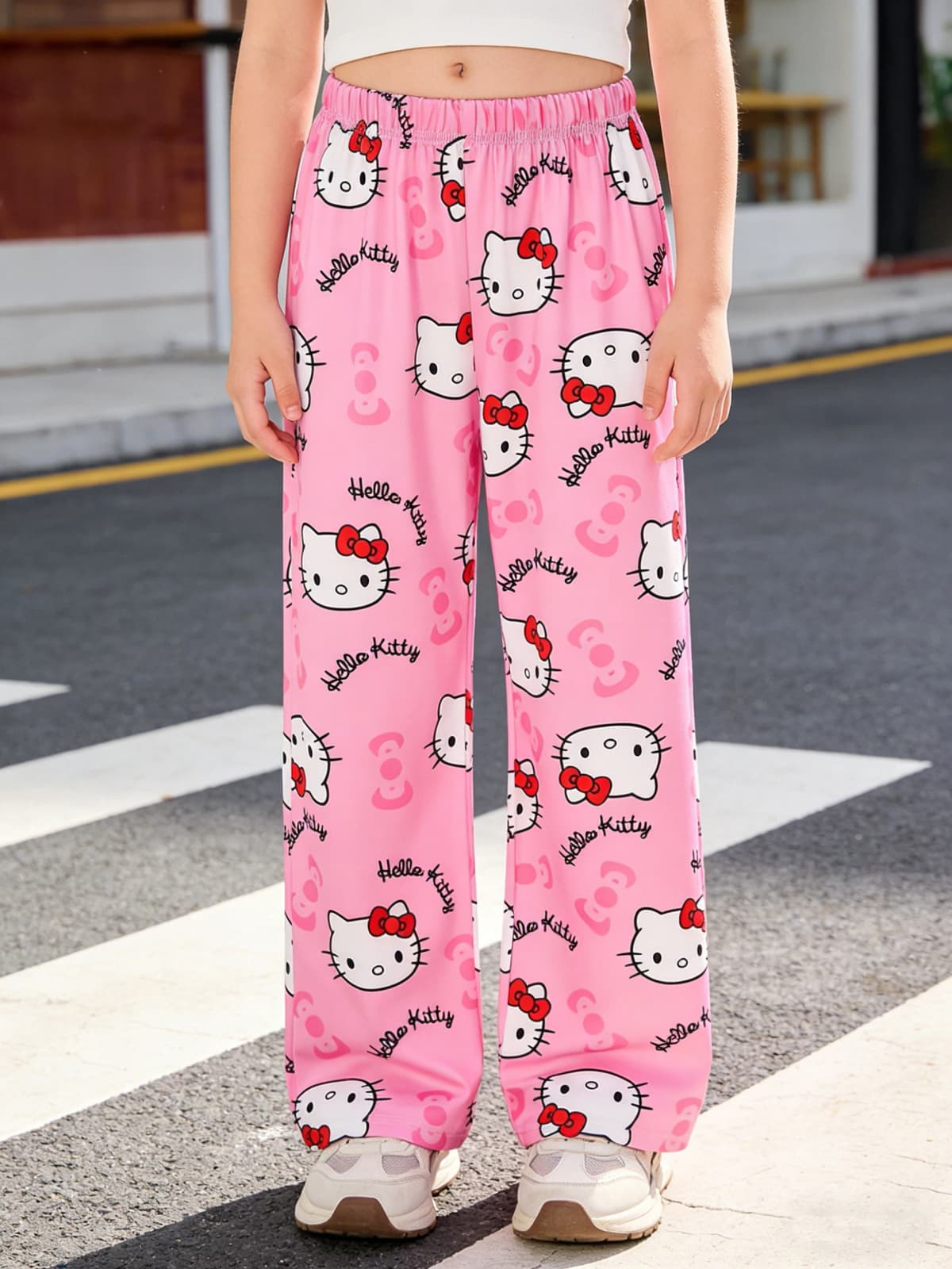 Sanrio Girls' Long Pants Spring and Autumn Hello Kitty Girls' Outdoor Fashion Casual Wide Leg Pants, Suitable for Home Wearing