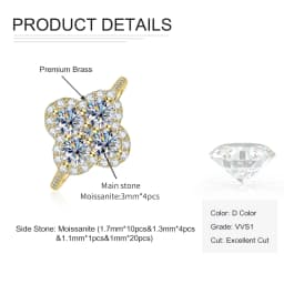 Rrjzz Lucky Clover D Color Full Moissanite Engagement Ring GRA Certified Round Imitation Diamond Women Four-Leaf Rings Jewelry
