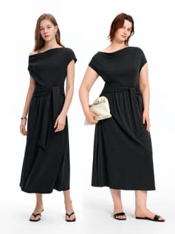 DUSHU 2026 Summer Women's Cowl Neck Maxi Dress Acetate Linen Cotton Blend Short Sleeve Long Dress for Soft Elegant Resort Style