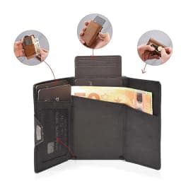 Men's Genuine Leather RFID Blocking Automatic Pop-Up Credit Card Holder Wallet with Coin Pocket Mini Aluminum Alloy Women Purse