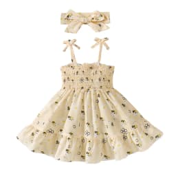 2PCS Dress Clothes Set Baby Girl Little Bee Printed Camisole Dress+Headband Summer Fashion Cute Wear for Infant Girl 0-3 Years
