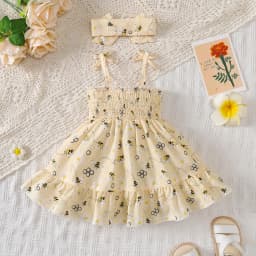 2PCS Dress Clothes Set Baby Girl Little Bee Printed Camisole Dress+Headband Summer Fashion Cute Wear for Infant Girl 0-3 Years