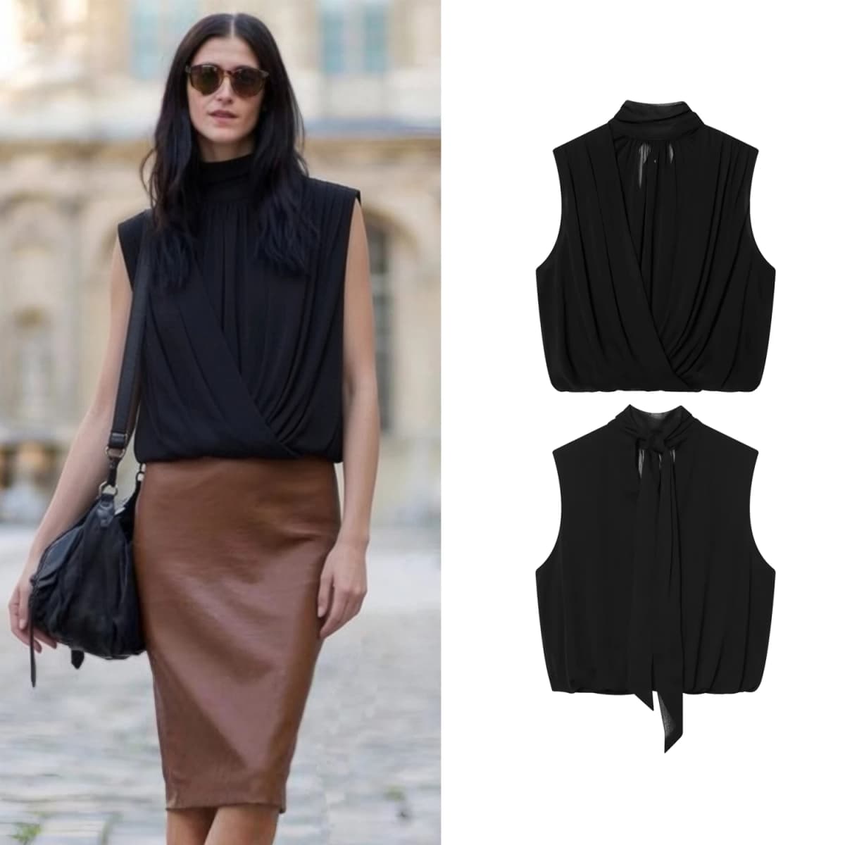 Women Black Draped Balloon Vest Tops Summer Female Turtleneck Sleeveless Tank Top Lady Chic Hight Street Crossover Puffed Tops