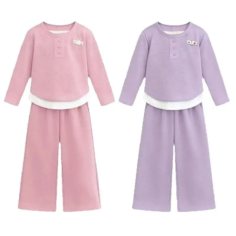 Children's Set 2026 Girls' Spring and Autumn Korean Edition Soft Sticky Fake Two piece Top+Wide Leg Pants Casual Set