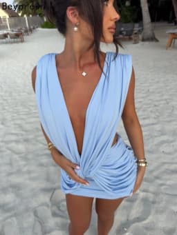 Beyprern Summer Women's Sexy Ruched Wrap Bodycon Mini Dress Deep V Neck Backless Hollow Out Sleeveless Skinny Vestidos