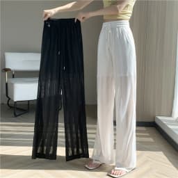 Summer 2026 New Women's Ice Silk Hollow Out Wide Leg Pants High Waist Breathable Sheer Casual Trousers Loose Fit