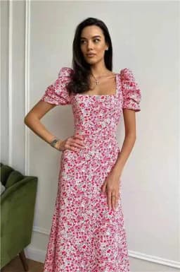 Casual Short Puff Sleeve Floral Print A-Line Dress 2026 Summer Korean Womens Midi Dress Elegant Flowy Dress Beach Y2k Clothing