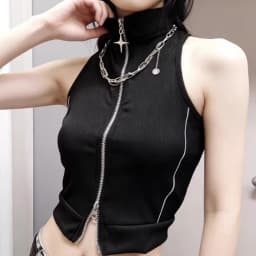 Spring and summer American street style retro lines dark spice girl short high-necked sleeveless slim zipper vest