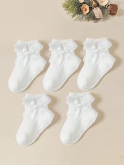 5 Pairs of Baby Girls' White Bubble-Edge Short Socks with Bowknot Decorations, Soft and Adorable Ankle Socks for Baby's Daily Wear