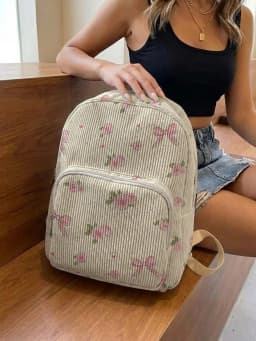 Pink Rose & Bow Print with Heart Dots Women Fashion Backpack Corduroy Multi-pocket Large Capacity Commuter Bag