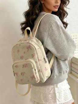 Pink Rose & Bow Print with Heart Dots Women Fashion Backpack Corduroy Multi-pocket Large Capacity Commuter Bag