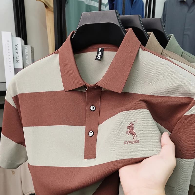 Summer High-end Brand Horse Logo Embroidered Short Sleeved T-shirt Men's Lapel Polo Shirt Striped Skin Friendly Cotton Top