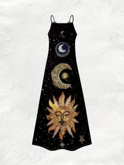 Retro Astral Print Slip Dress with Moon Sun Star Pattern Round Neck Sleeveless Summer Maxi Dress for Women Casual Beach Party