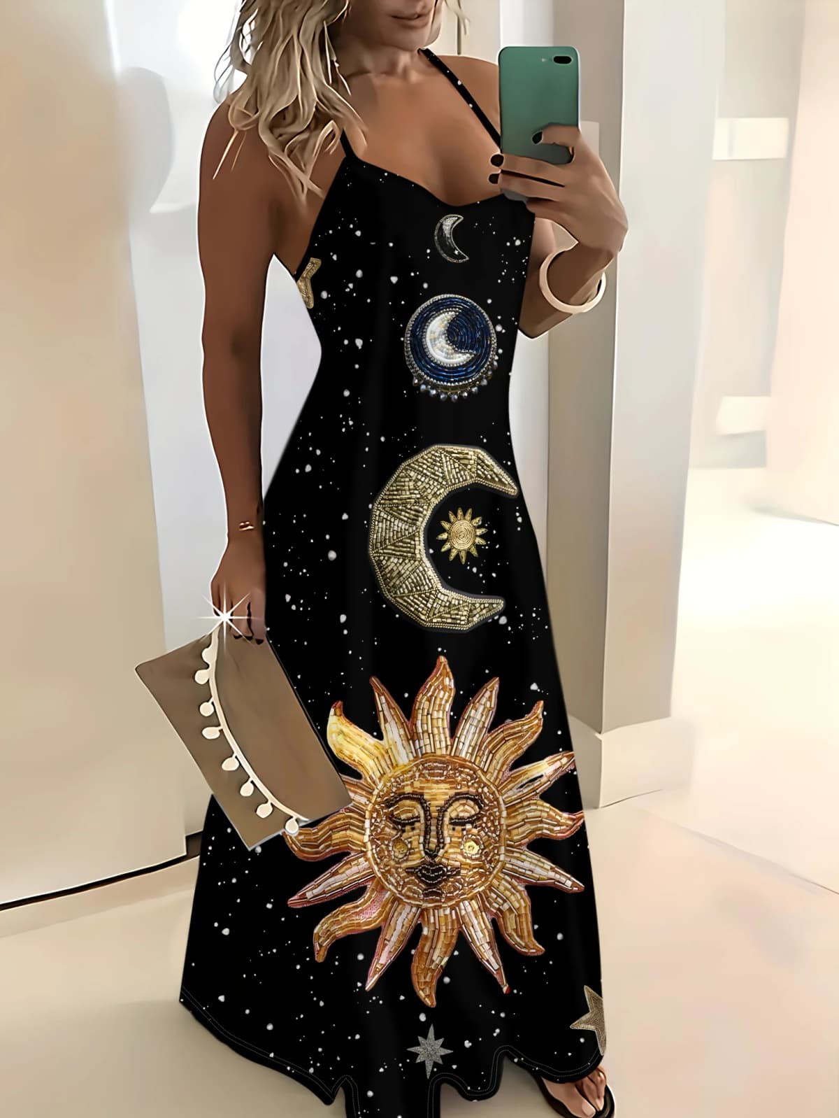Retro Astral Print Slip Dress with Moon Sun Star Pattern Round Neck Sleeveless Summer Maxi Dress for Women Casual Beach Party