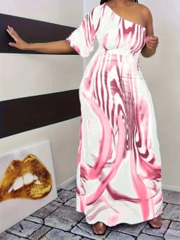 Plus size new women's fashion casual milk white printed single sleeved off shoulder dress long skirt