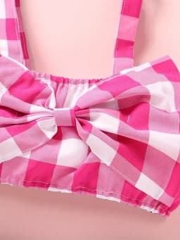 Denim Look Girls 2 Piece Shorts Set Pink Gingham Bow Top & Ripped Distressed Shorts Fashion Outfit(Not denim just slippy fabric)