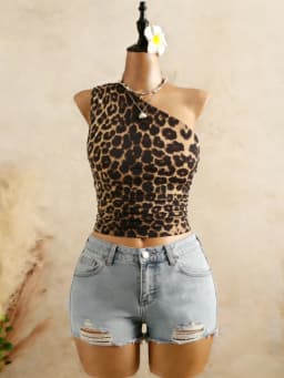 Women 2 Pack One Shoulder Ruched Crop Top Set Casual Sleeveless Leopard Print & Solid Crop Top Set