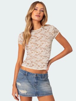 Women's Sheer Lace Short Sleeve Crop Top 2026 Sexy Crew Neck Floral Lace See-Through Tee Tops
