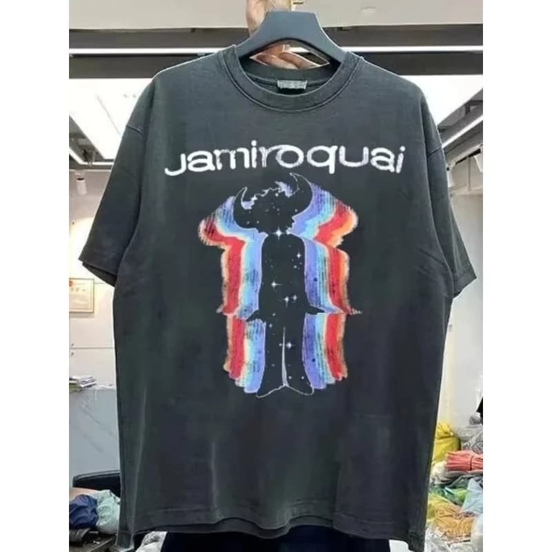 Black shirt men's and women's streetwear men's T-shirt Jamiroquai band tour pattern short sleeved