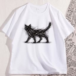 Vintage Cat Line T Shirt Funny Modern Sketch Animal Tee Cat Lover Graphic Tee Elastic Casual Short Sleeve T-shirt Clothes
