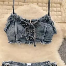 Retro Women Bikini Denim Suits Summer Halter Camis Mini Short Pant Fashion Vacation Suits Sexy Comfortable