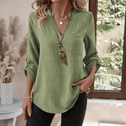 Spring and Summer New Shirts Women's Loose Large Size V-neck Solid Color Shirt Loose Top Long Sleeve Shirt