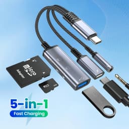5 in 1 USB C OTG Adapter Type-C to USB+Type-C 10wCharge+3.5mm Earphones+SD/TF Card Reading Connector For iPhone 15-17 Cellphones
