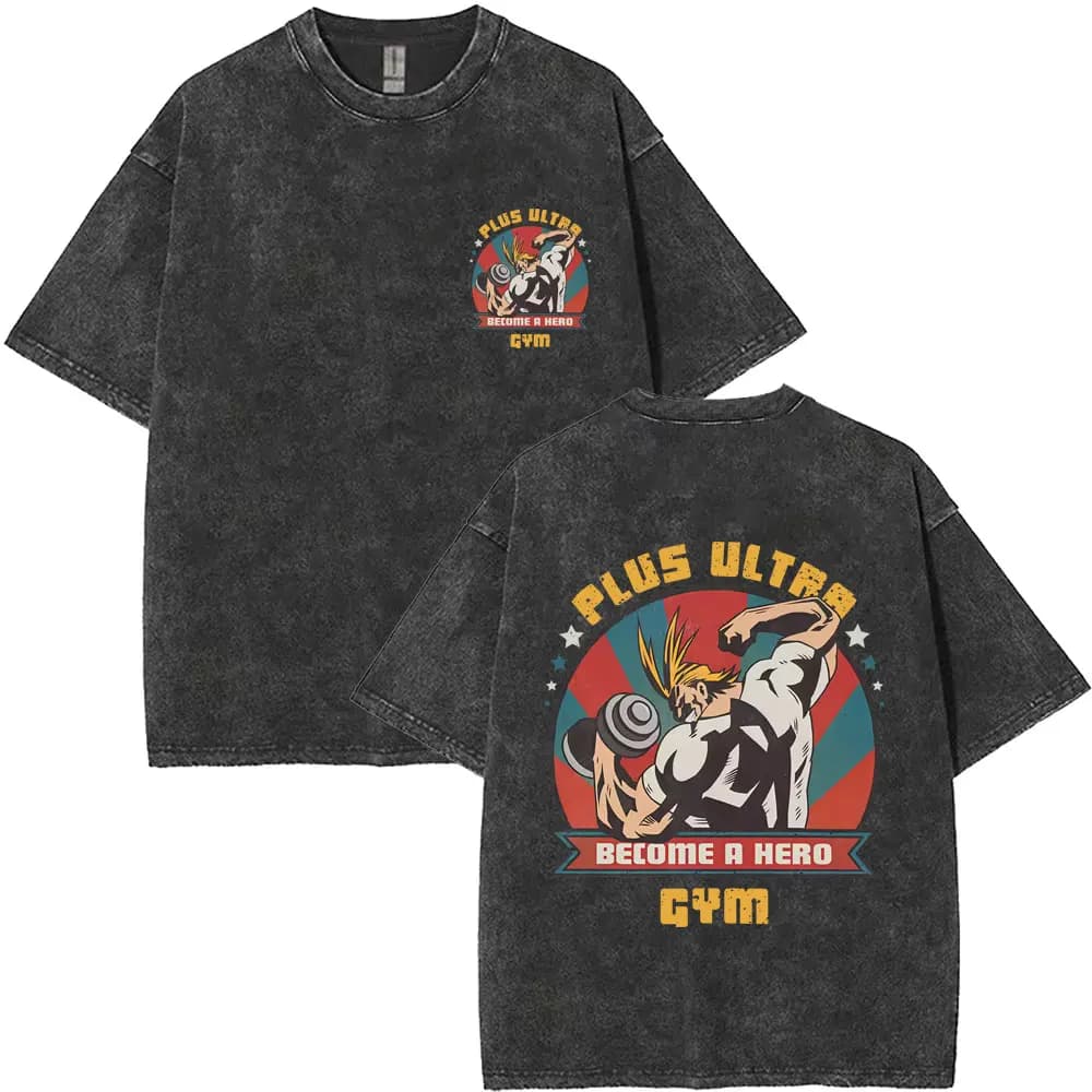 Washed Vintage Anime My Hero Academia All Might Plus Ultra Gym Graphic T Shirt Men Women Fitness Casual Cotton Short Sleeve Tees