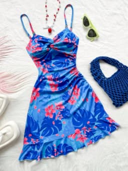 Women's Cami Mini Dress Blue Tropical Floral Print Spaghetti Strap Ruched Ruffle Hem Bodycon Summer Beach Party Mini Dress