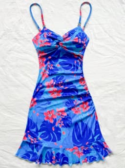 Women's Cami Mini Dress Blue Tropical Floral Print Spaghetti Strap Ruched Ruffle Hem Bodycon Summer Beach Party Mini Dress