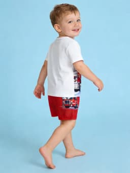 Summer New Arrival Boys White Red Color Block Fire Truck Print Short Sleeve Shorts Set