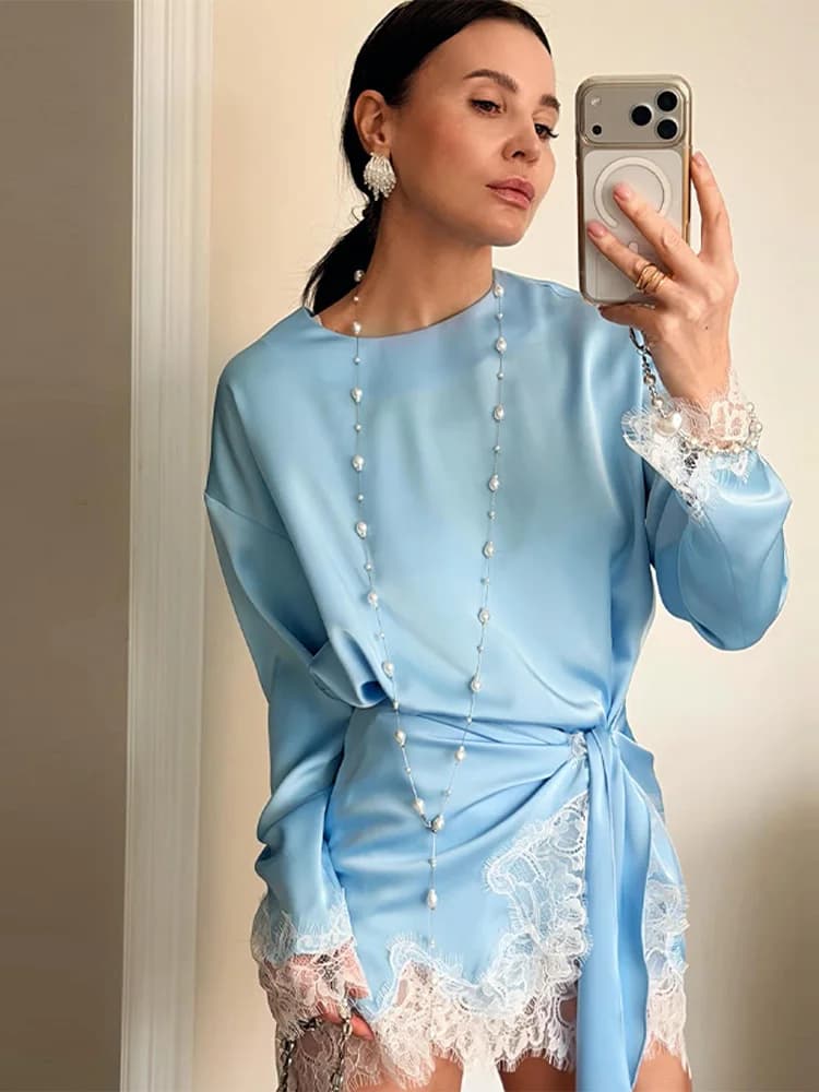 Women Satin Lace Patchwork Dress Long Sleeve O-neck Casual 2026 Spring Female Dresses Casual Solid Beach Robe not contain pearls