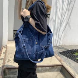 Portable Denim Cloth Casual Handbag Square Shape Blue Shoulder Bag Zipper Shopping Bag Unisex
