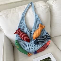 Cute Little Fish Relaxed Knitted Bag 2026 Summer New Commuter Versatile Shoulder Bag Contrasting Cut Out Tote Bag
