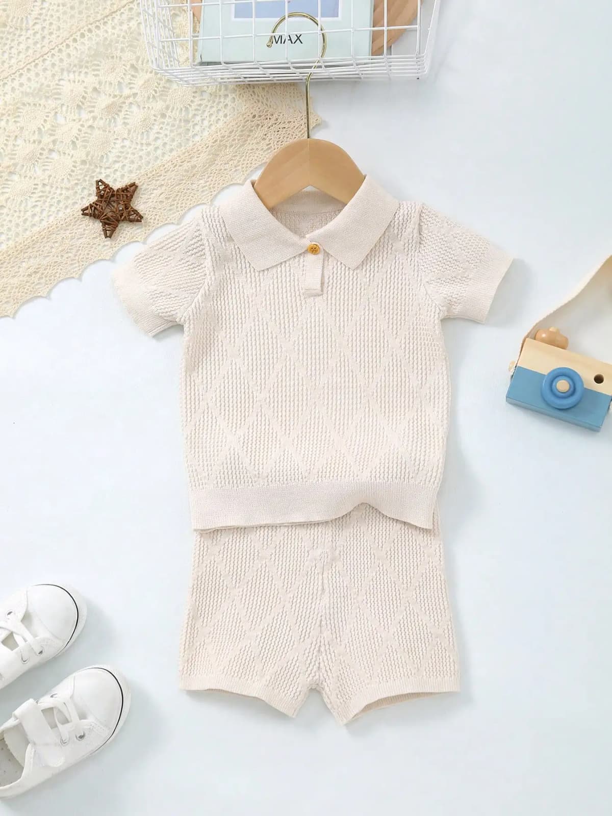Baby Boy Spring and Summer Knitted Cool Silk Lapel Design Solid Color Diamond Pattern Short-Sleeved Top + Shorts Set