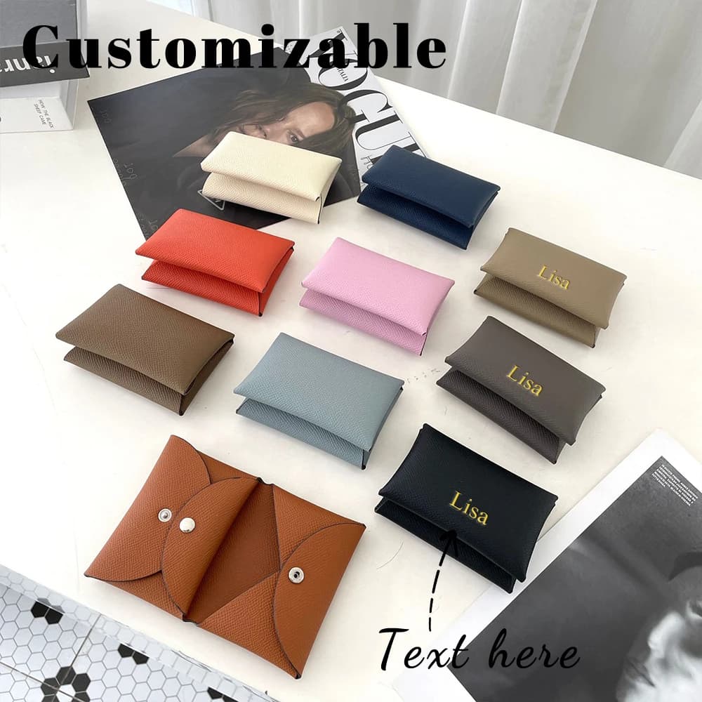 Customized name card holder for ladies, genuine leather, double-fold card holder with palmprint snap fastener, card case, wallet