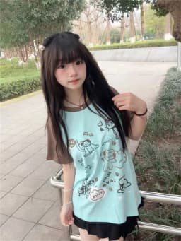 Women Japanese Cartoon Printing Tops E-girl Fairycore Contrast Color Cute Graphic T Shirt Y2k Aesthetics Grunge Casual T-shirt